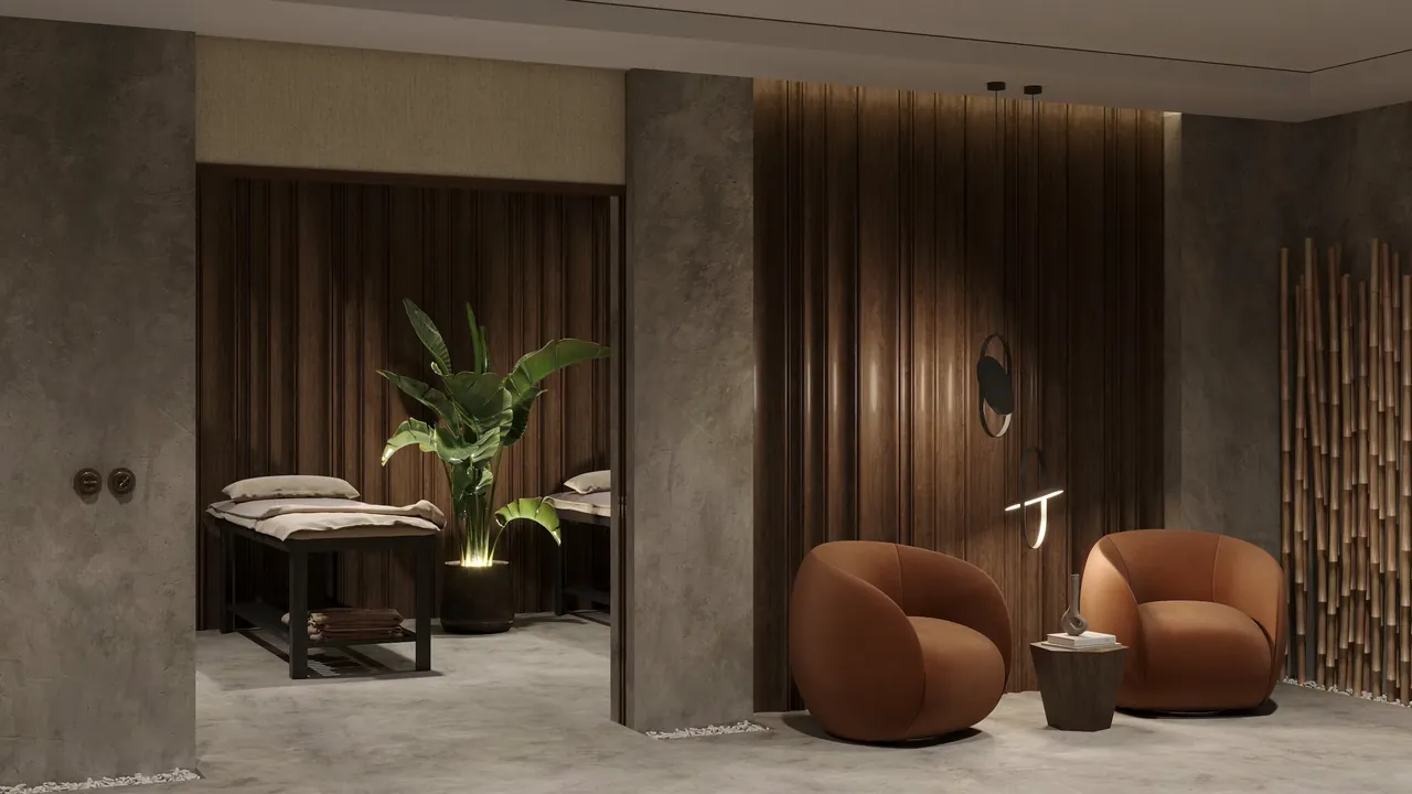 Warm, elegant spa interior with massage bed and relaxing seating at Siya Door Spa Massage Service in Ranchi
